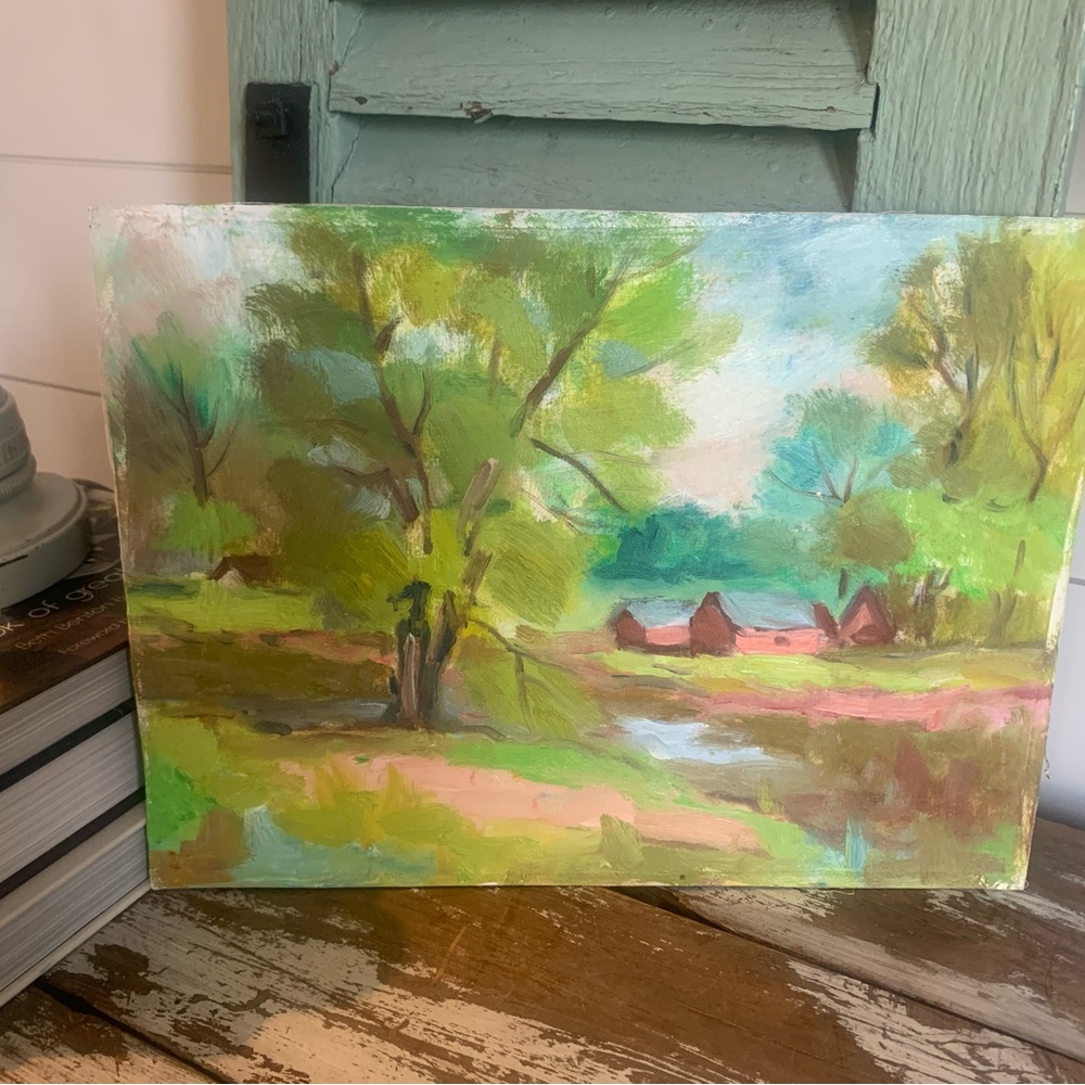 Country scene painting on board.  Soft colors of greens, pinks and blues.